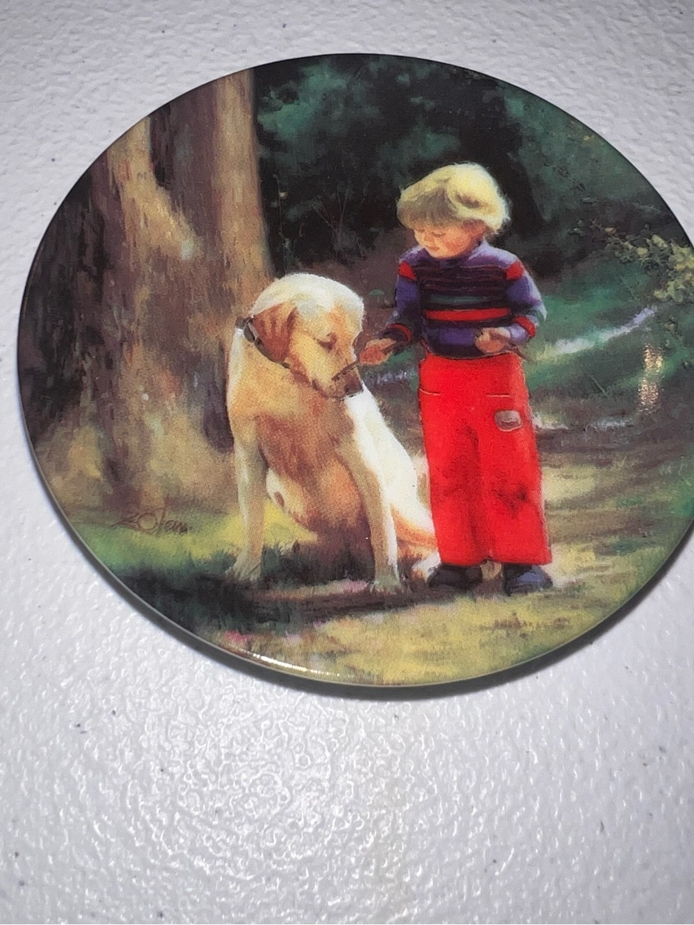 Decorative Dog & Child Wall Plaque - Red Accents